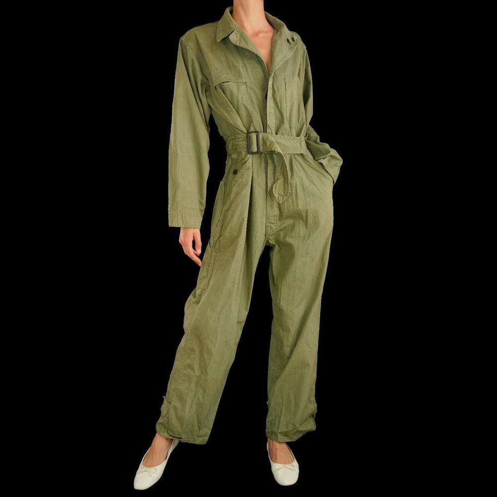 Vintage 1940s military green herringbone belted jumpsuit - Picture 4 of 5